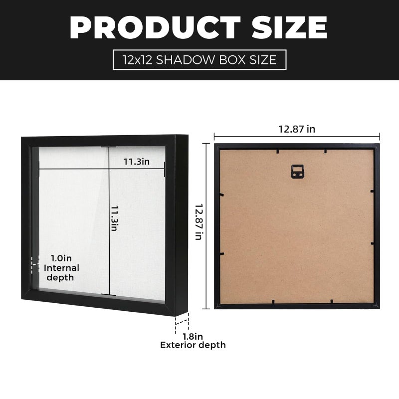 Muzilife 12x12 Shadow Box Picture Frame with Linen Board - Deep Wood & Tempered Glass Display Case Memory Box Baby Sports Memorabilia, Pins, Awards, Medals, Wedding, Tickets and Photos (Black) - Image 3